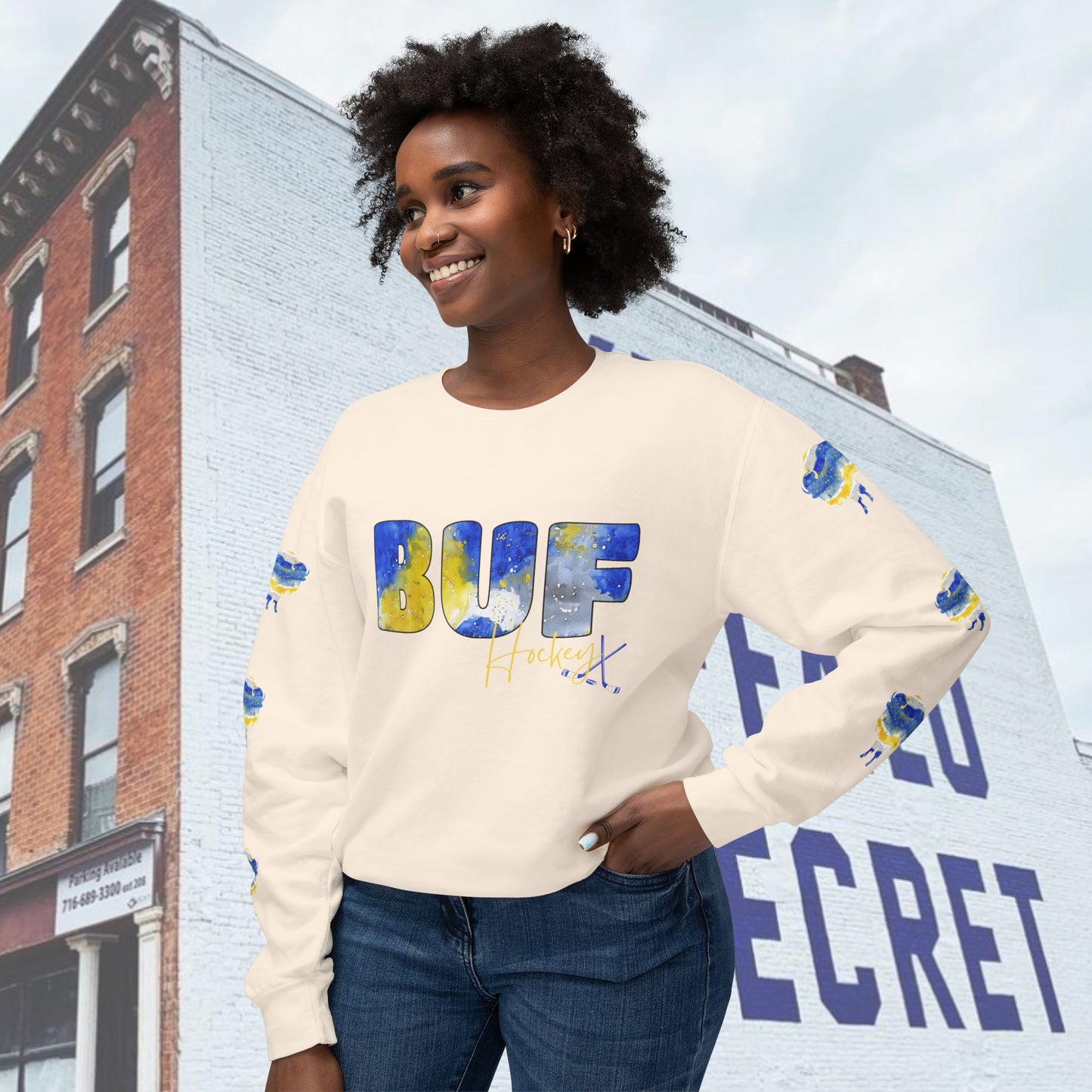 Watercolor BUF Sabres Unisex Lightweight Crewneck Sweatshirt