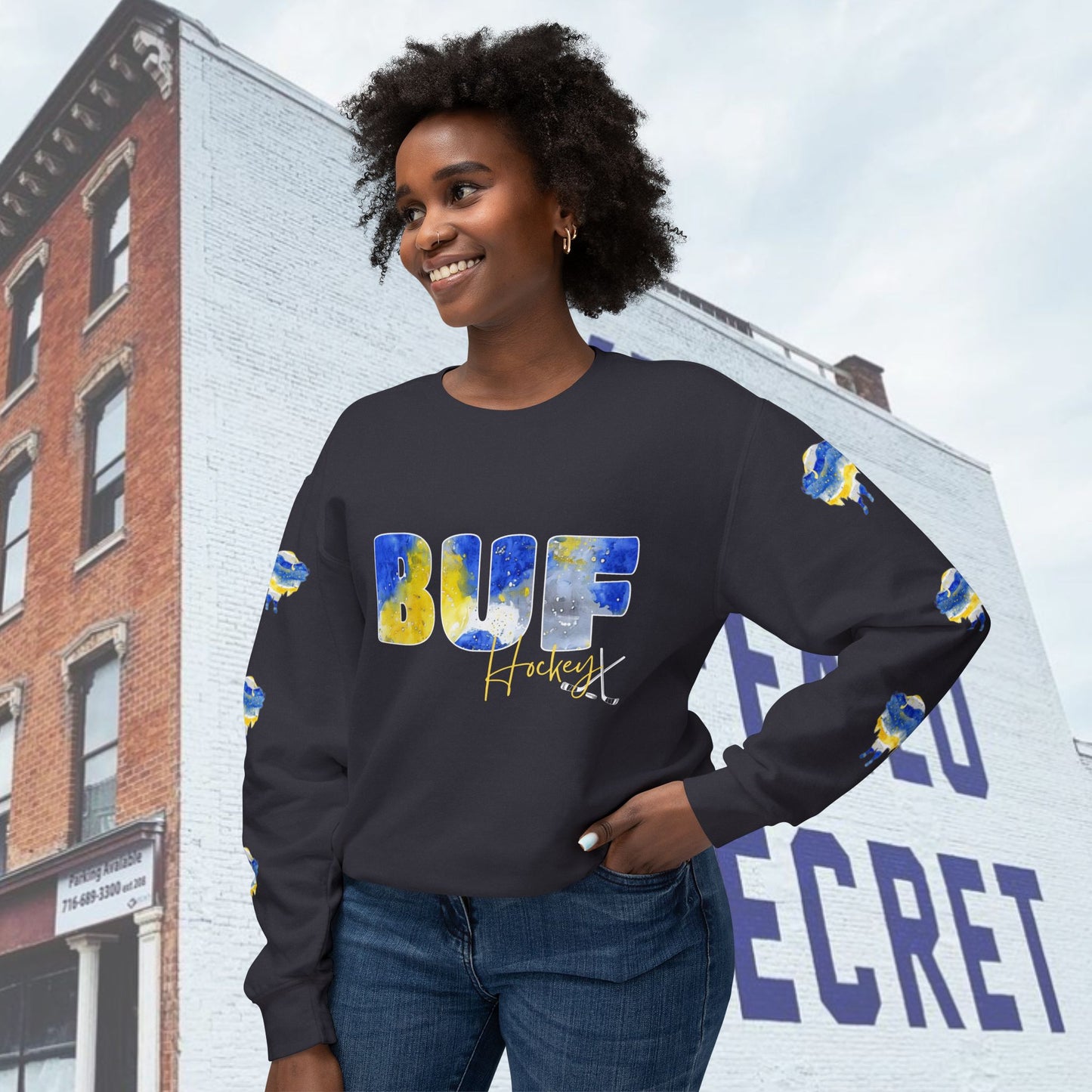 Watercolor BUF Sabres Unisex Lightweight Crewneck Sweatshirt