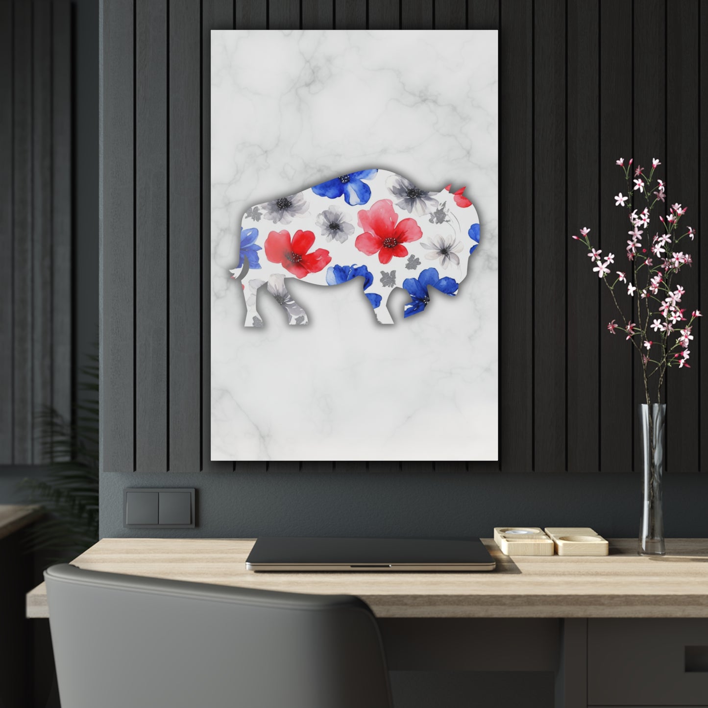 Floral Buffalo Acrylic Print - Rustic Home Decor