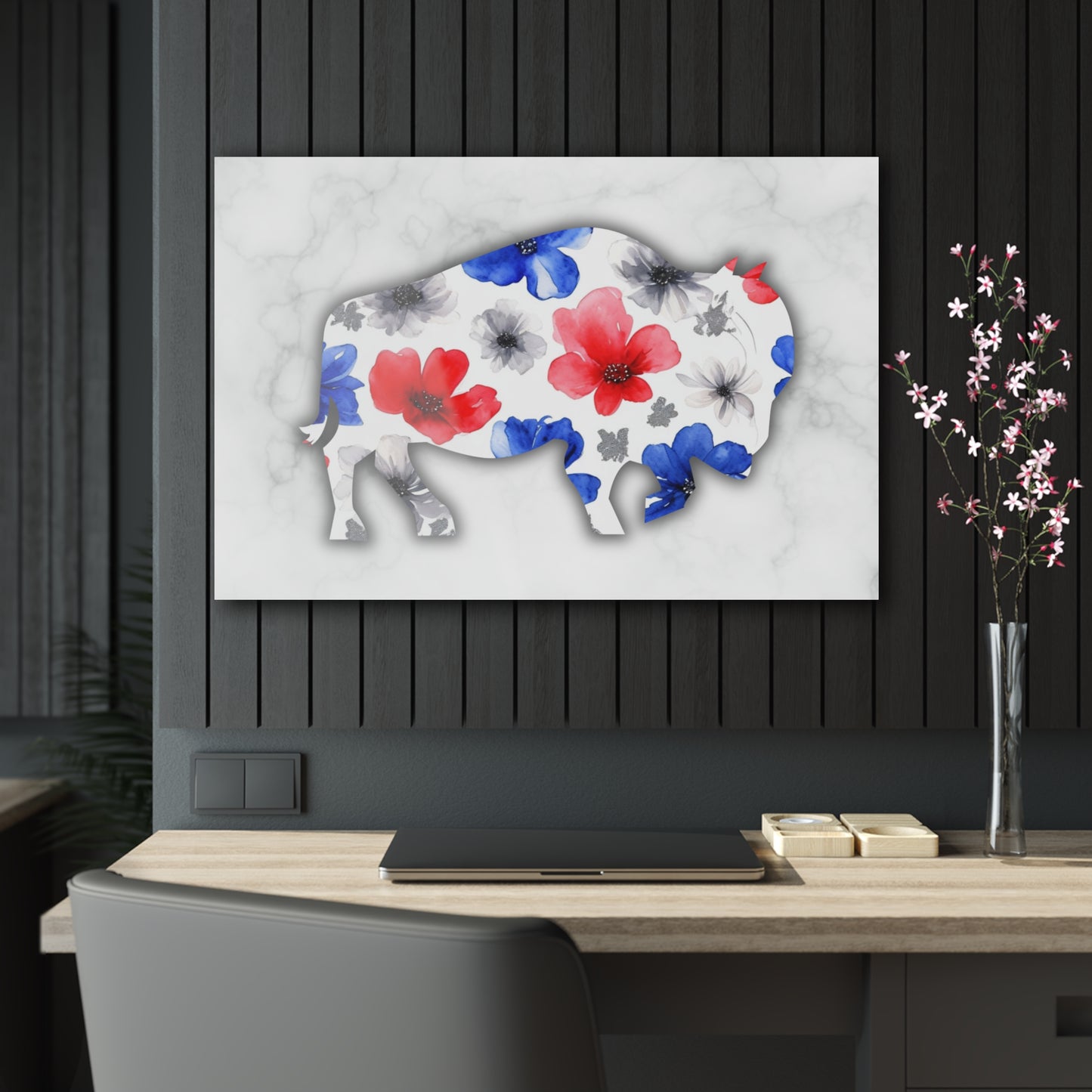 Floral Buffalo Acrylic Print - Rustic Home Decor