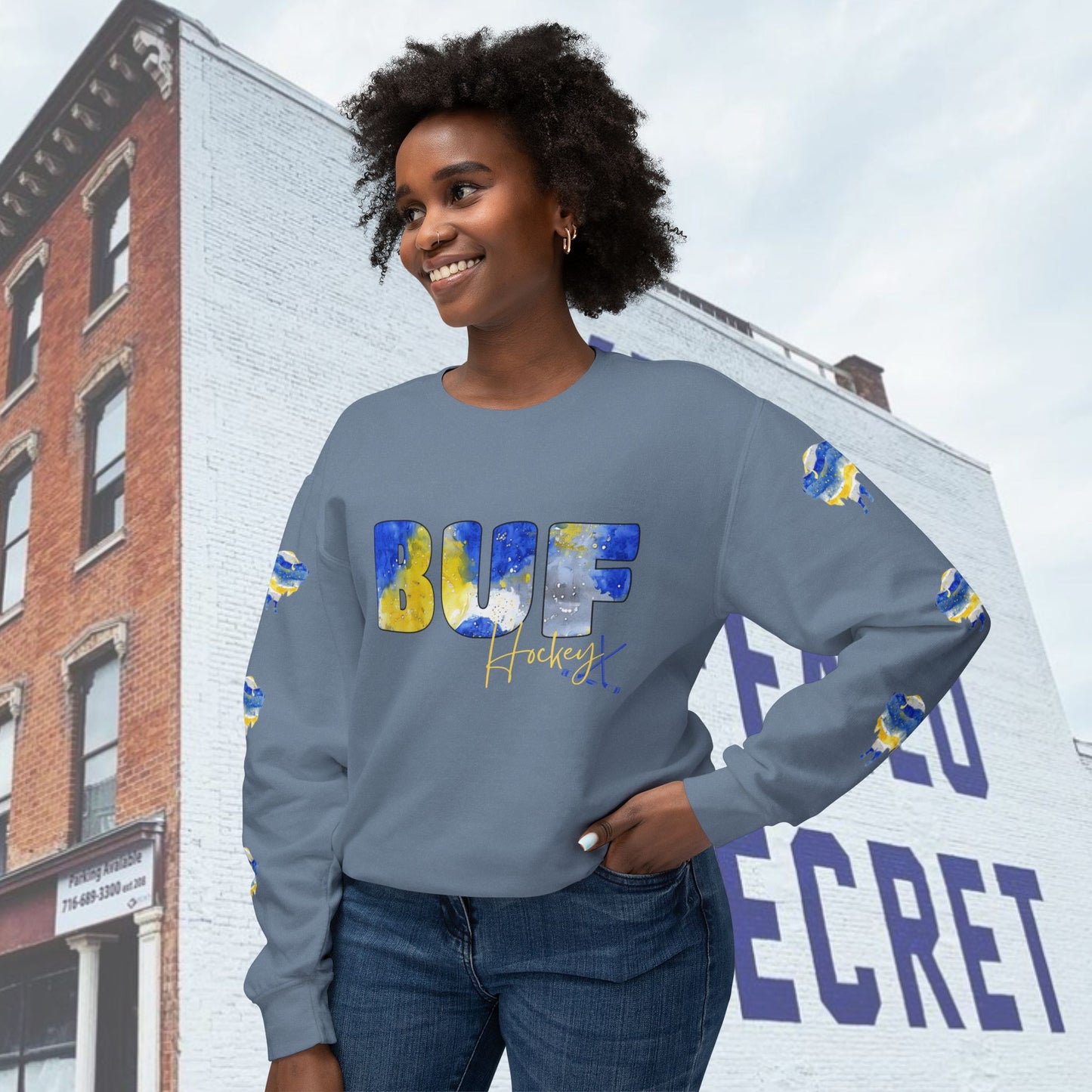 Watercolor BUF Sabres Unisex Lightweight Crewneck Sweatshirt