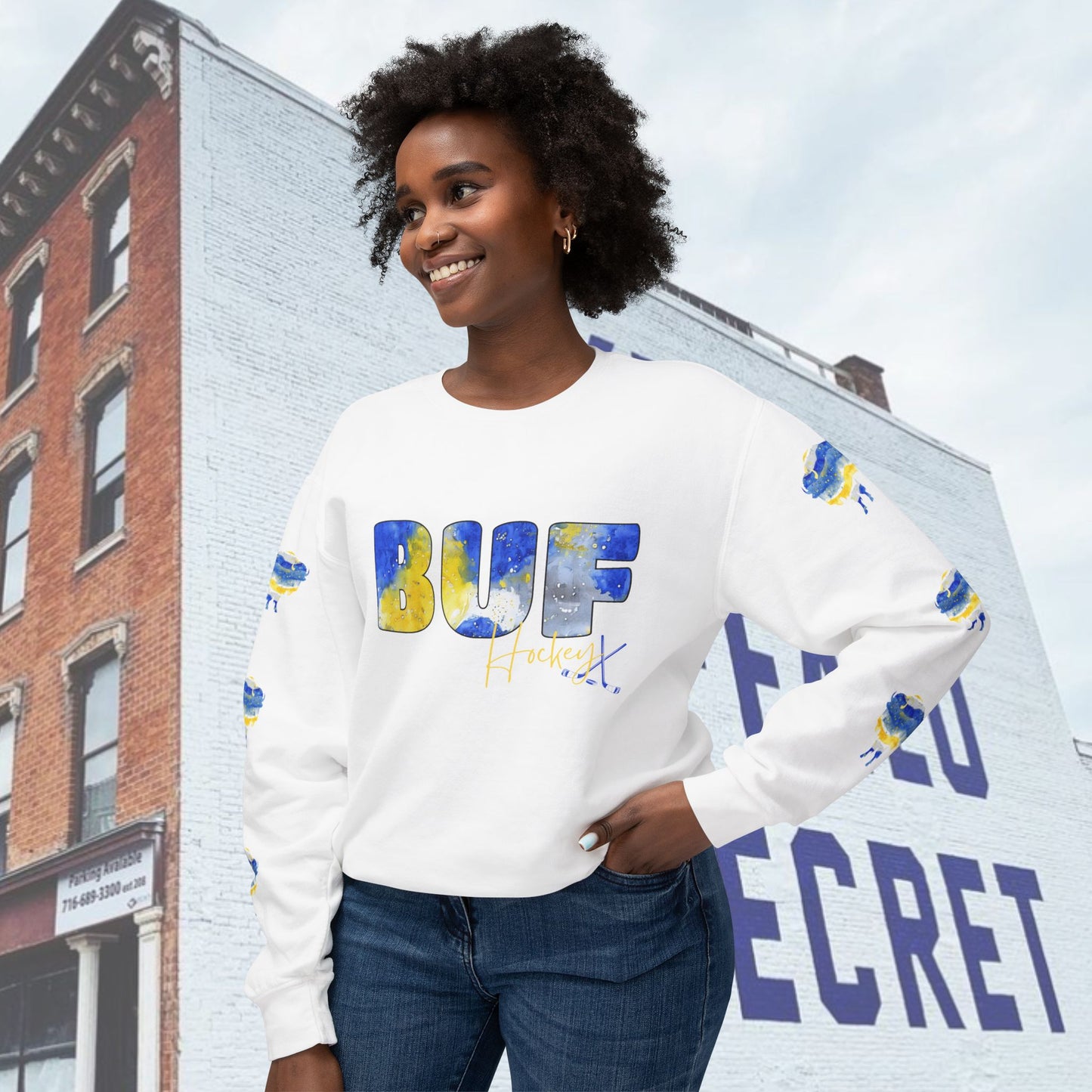 Watercolor BUF Sabres Unisex Lightweight Crewneck Sweatshirt