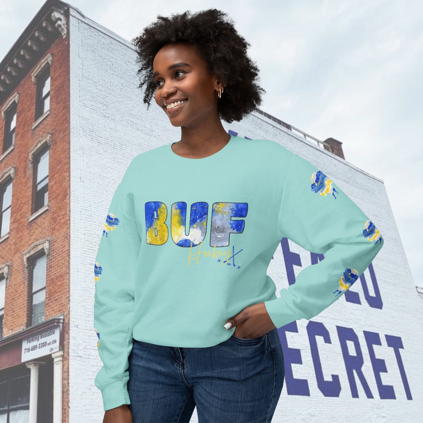 Watercolor BUF Sabres Unisex Lightweight Crewneck Sweatshirt