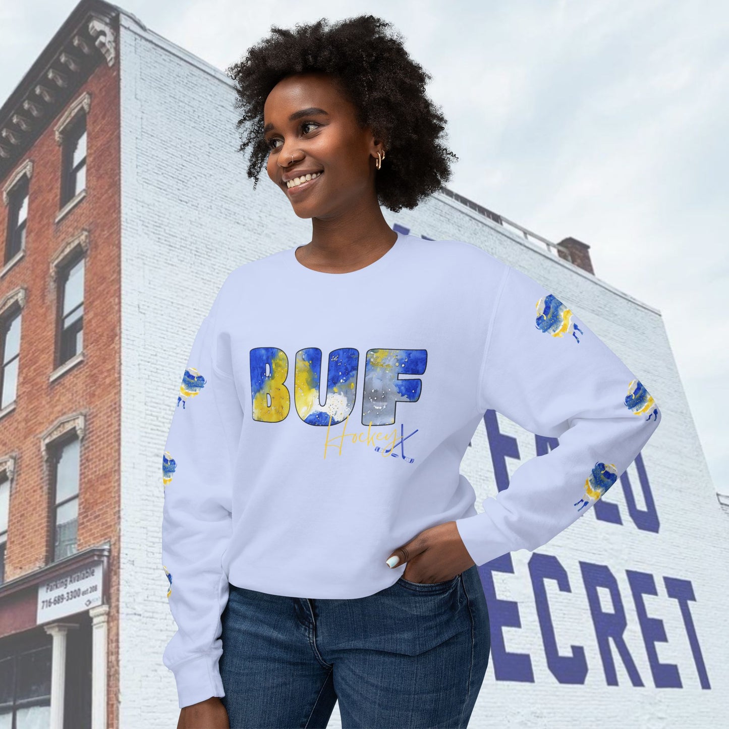 Watercolor BUF Sabres Unisex Lightweight Crewneck Sweatshirt