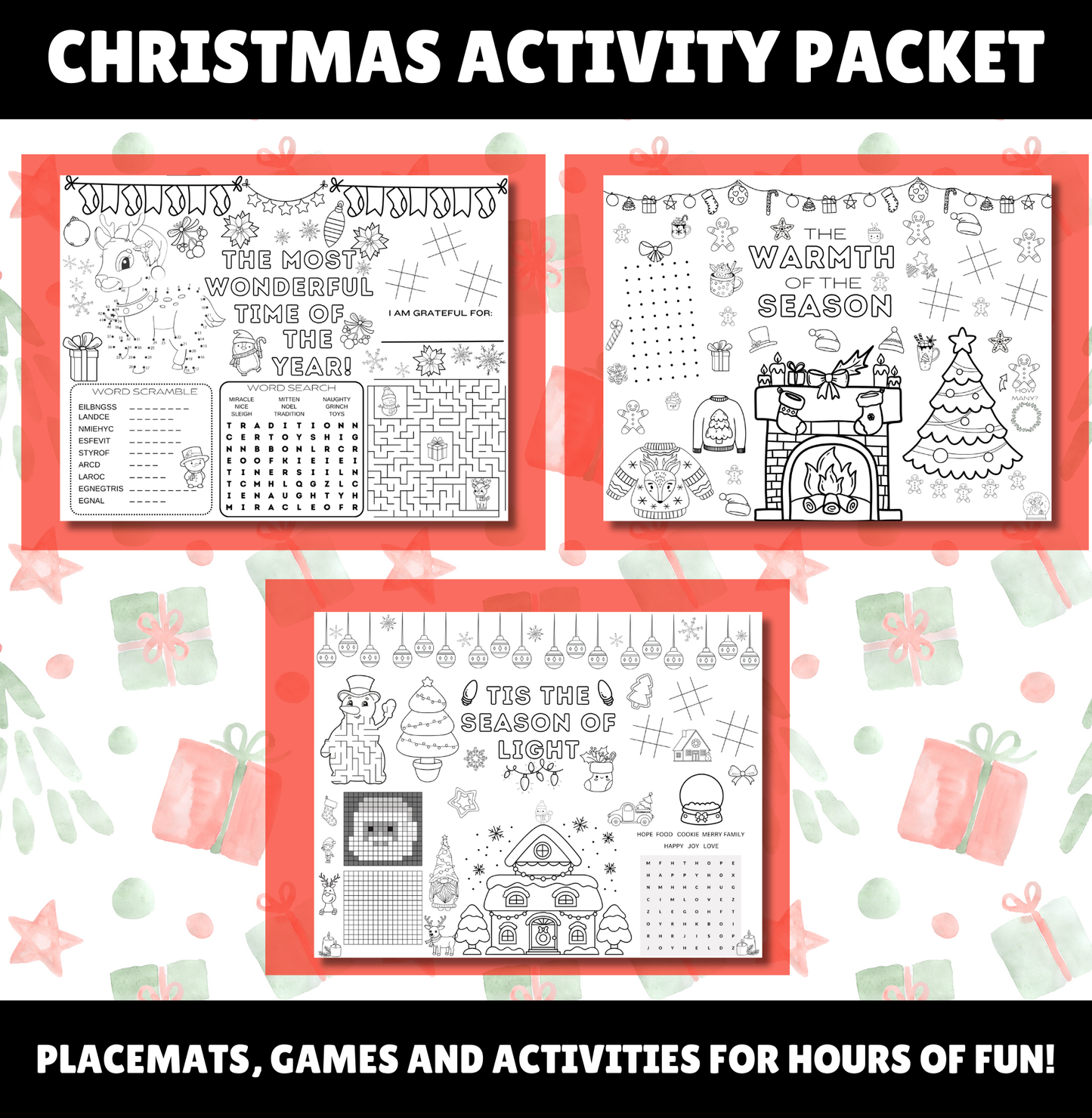 Christmas Activty Placemats Digital Download Printable in 11 x 8.5 and 17 x 11