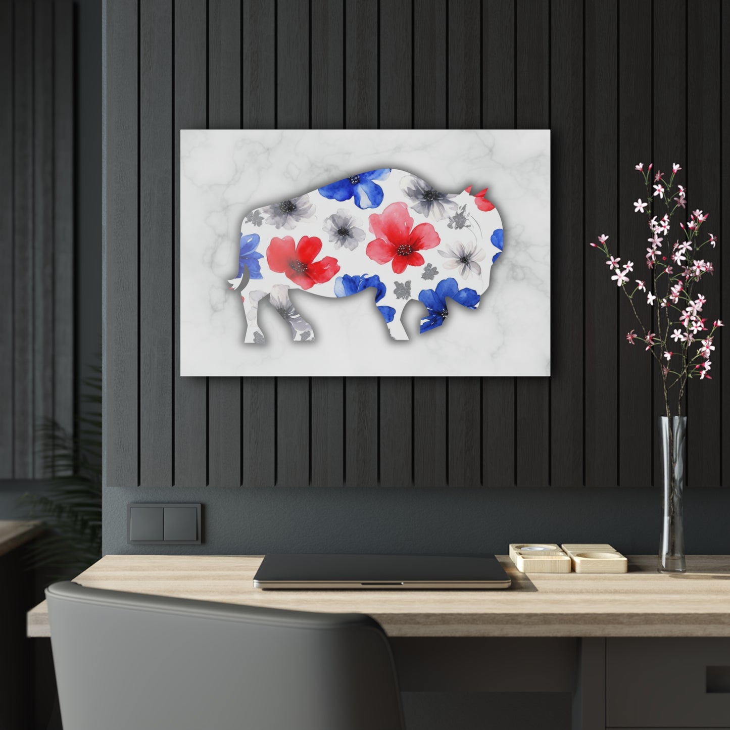 Floral Buffalo Acrylic Print - Rustic Home Decor