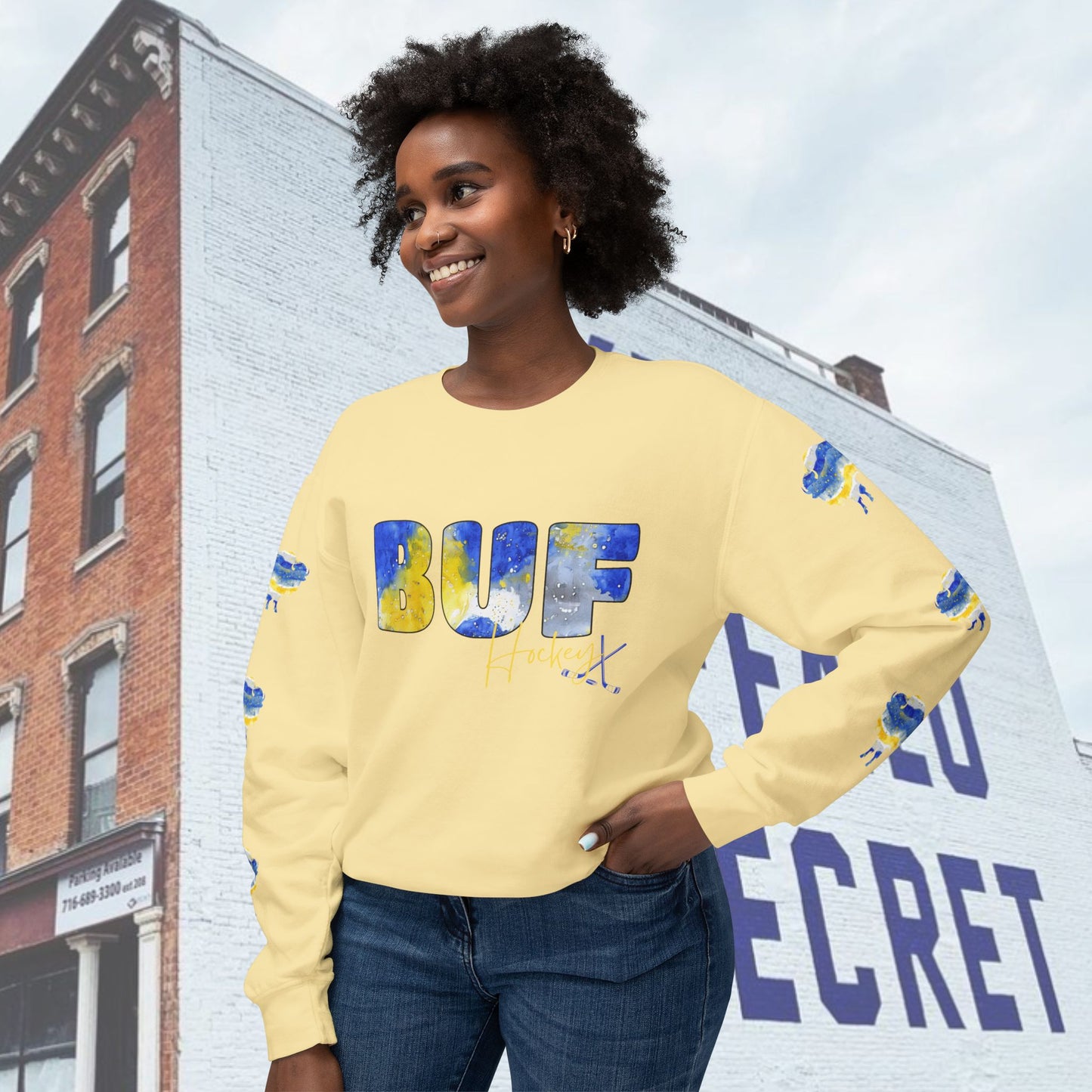 Watercolor BUF Sabres Unisex Lightweight Crewneck Sweatshirt