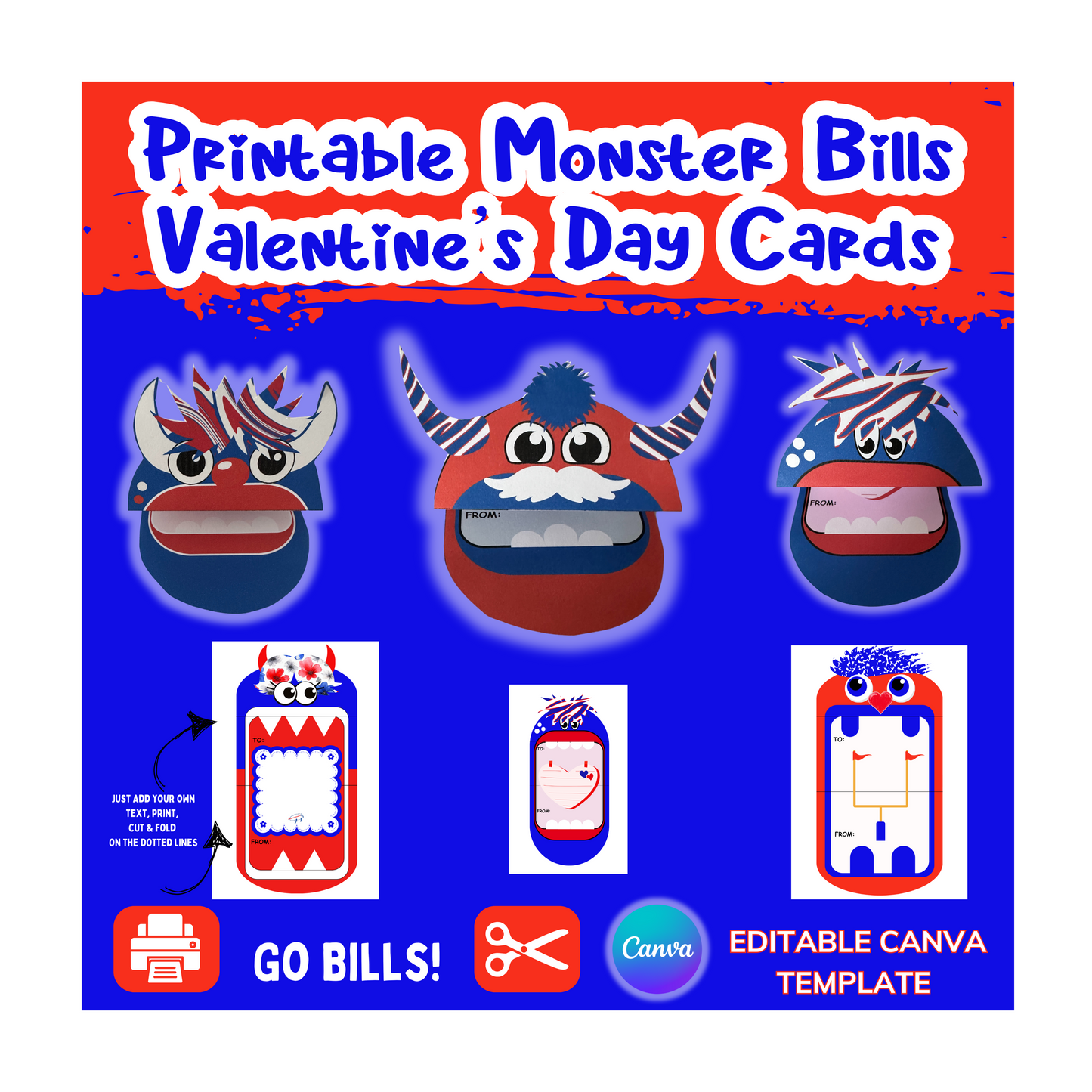 Printable Buffalo Bills Monster Valentine Cards EDITABLE VERSION (CANVA TEMPLATE)