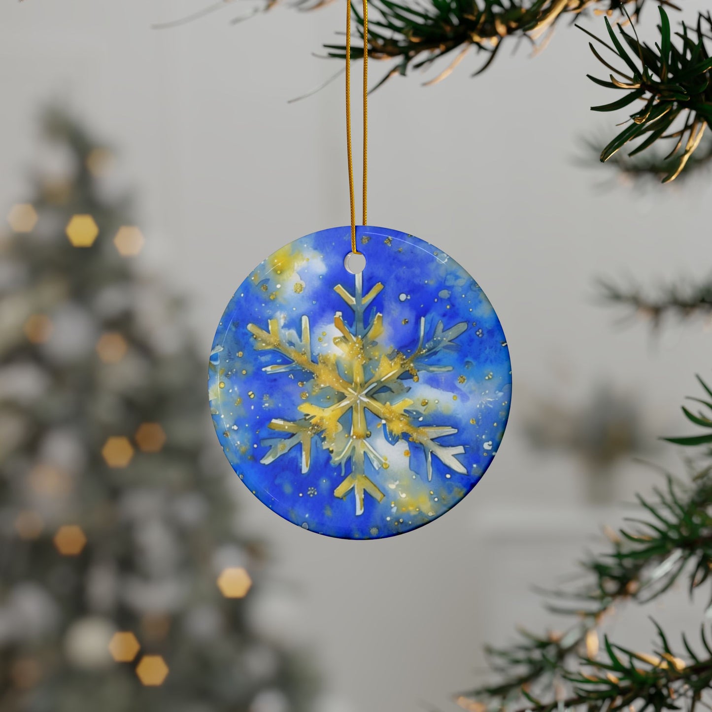 Buffalo Hockey Snowflake Watercolor Ceramic Ornament: 2-Side Print, Available in (1pc, 3pcs, 5pcs, 10pcs)