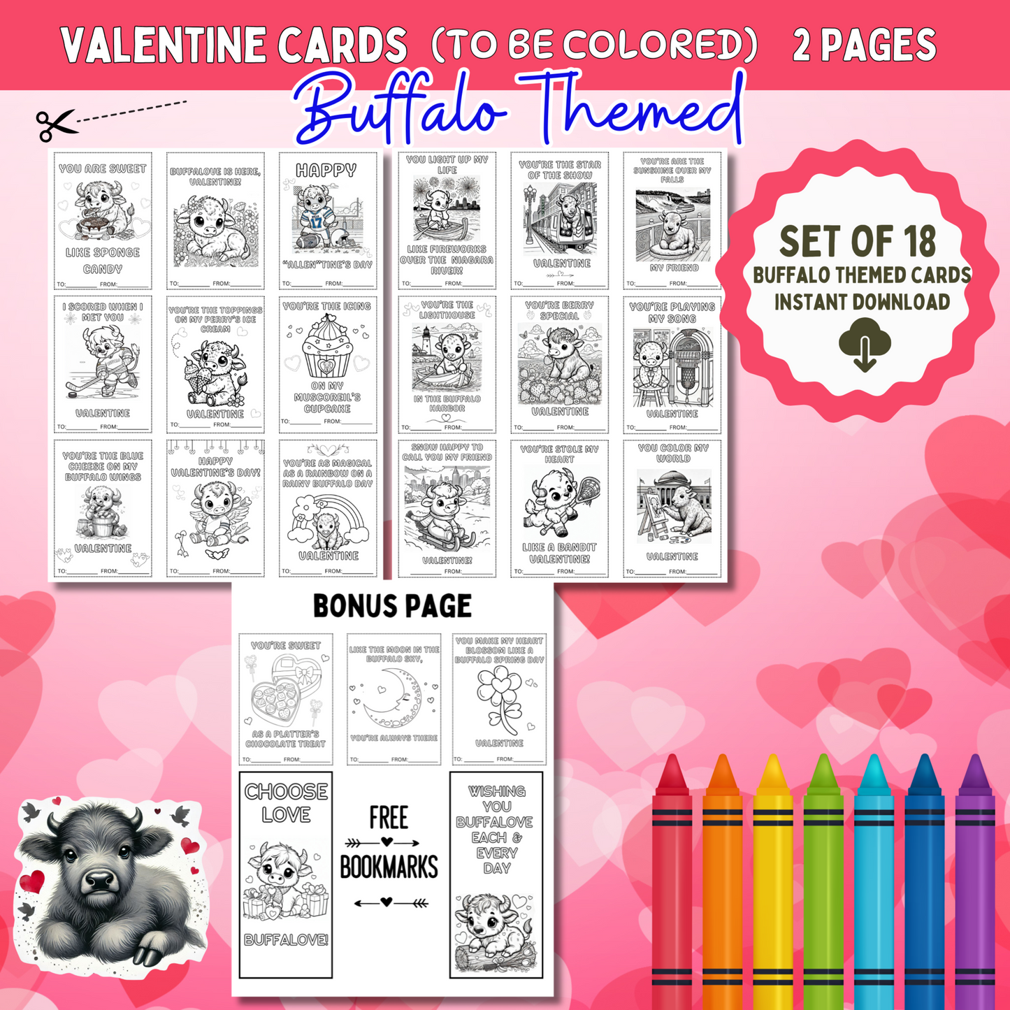 Buffalo Themed Coloring Valentines Digital Download