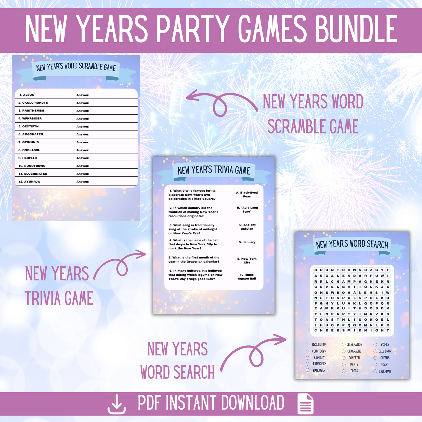 New Years Packet of Games, Coloring and Kids Crafts