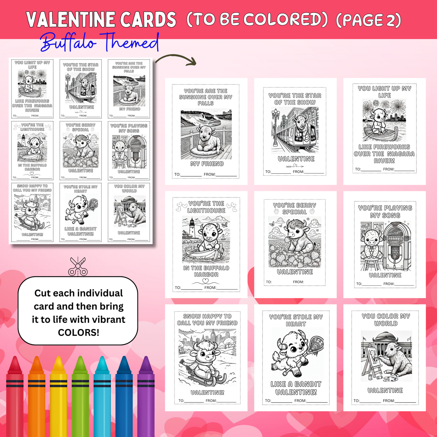 Buffalo Themed Coloring Valentines Digital Download