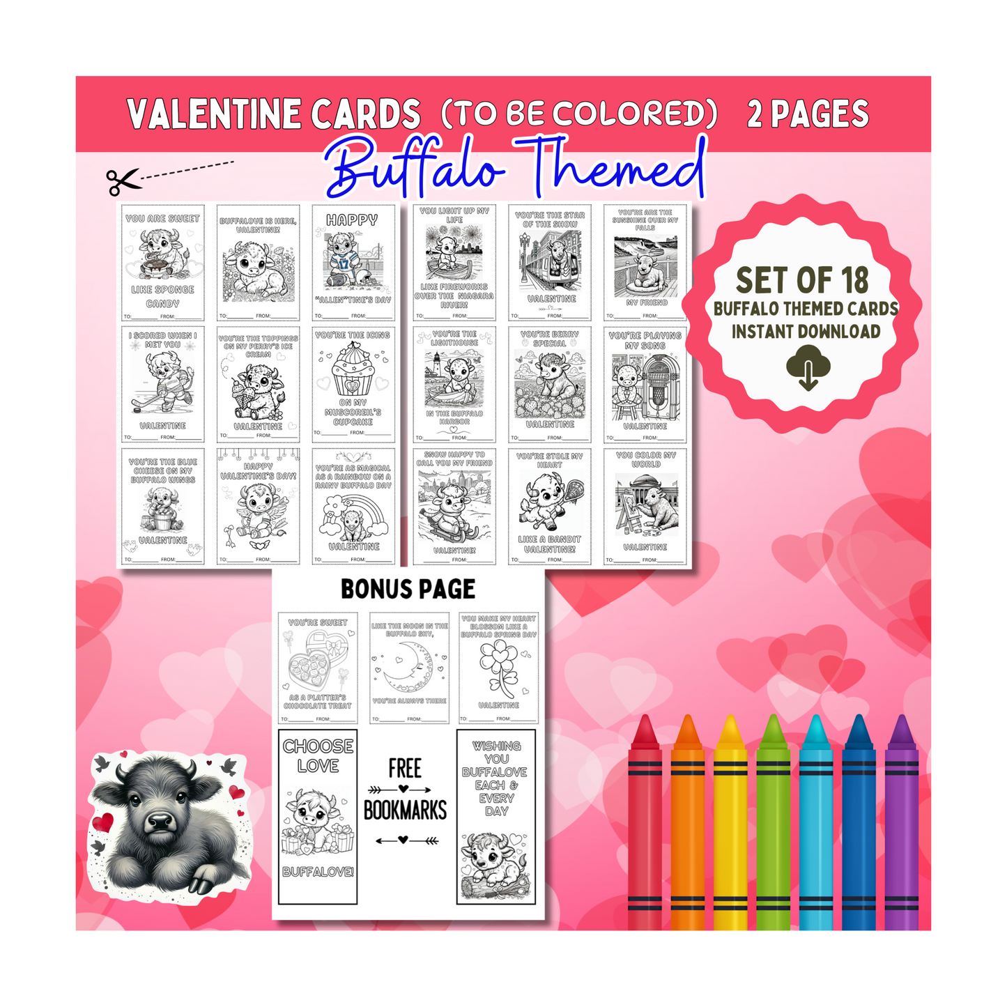 Buffalo Themed Coloring Valentines Digital Download