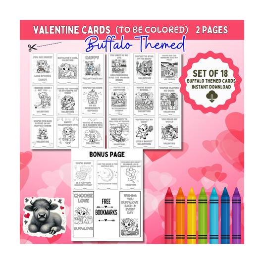 Buffalo Themed Coloring Valentines Digital Download