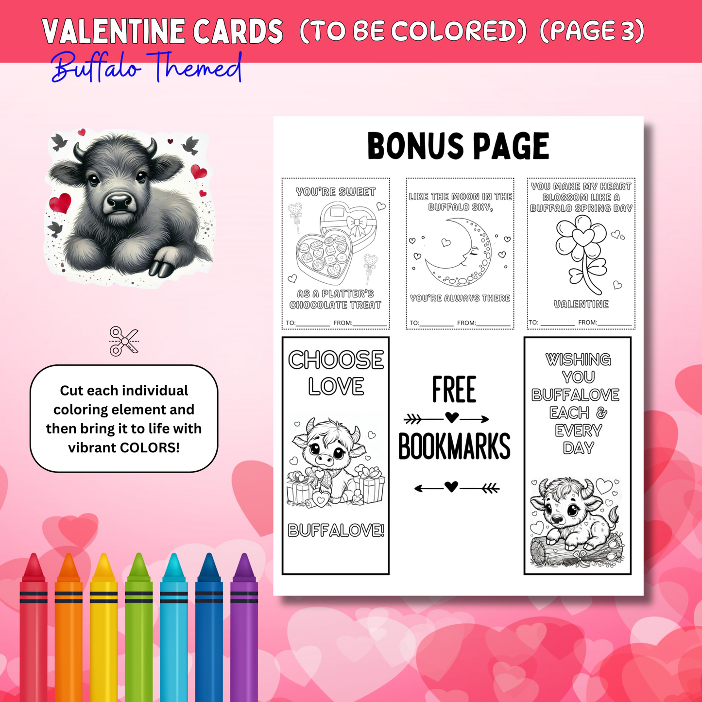 Buffalo Themed Coloring Valentines Digital Download