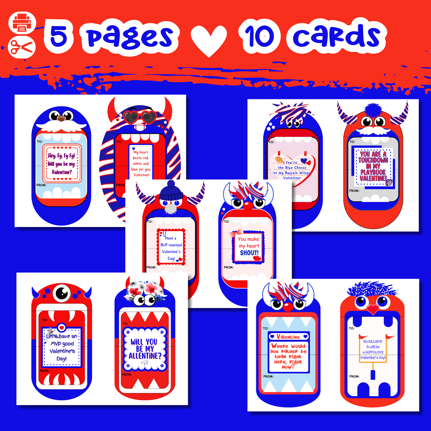 Printable Buffalo Bills Monster Valentine Cards