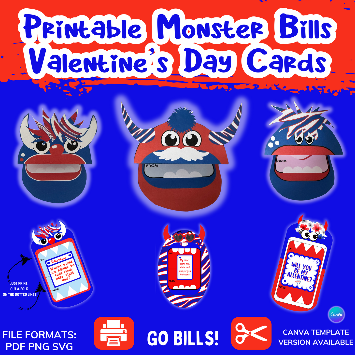 Printable Buffalo Bills Monster Valentine Cards