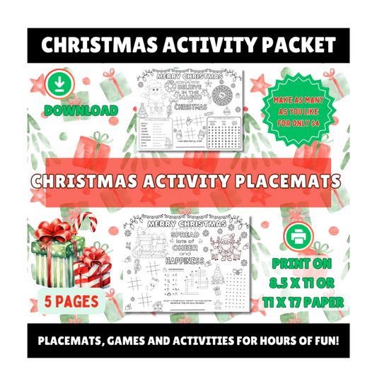 Christmas Activty Placemats Digital Download Printable in 11 x 8.5 and 17 x 11