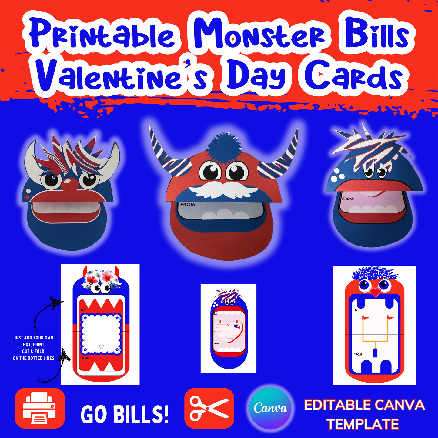 Printable Buffalo Bills Monster Valentine Cards EDITABLE VERSION (CANVA TEMPLATE)