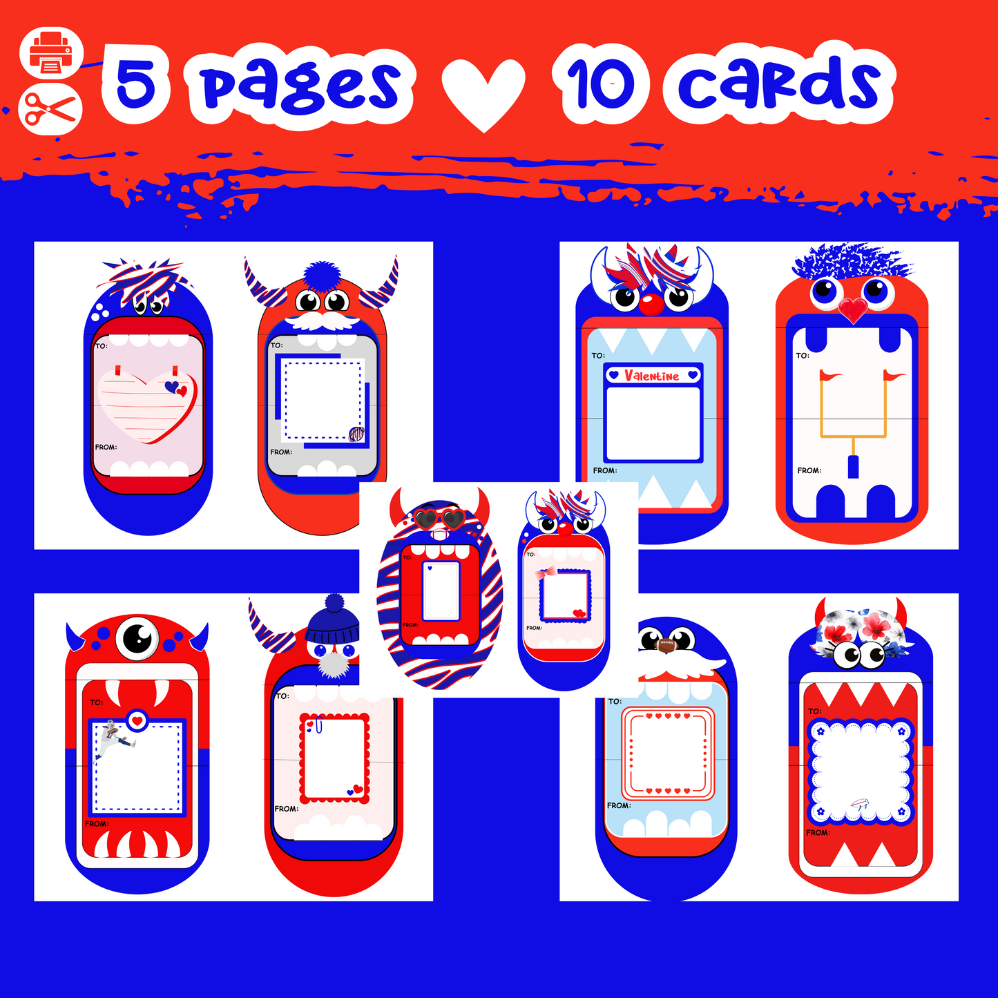 Printable Buffalo Bills Monster Valentine Cards EDITABLE VERSION (CANVA TEMPLATE)