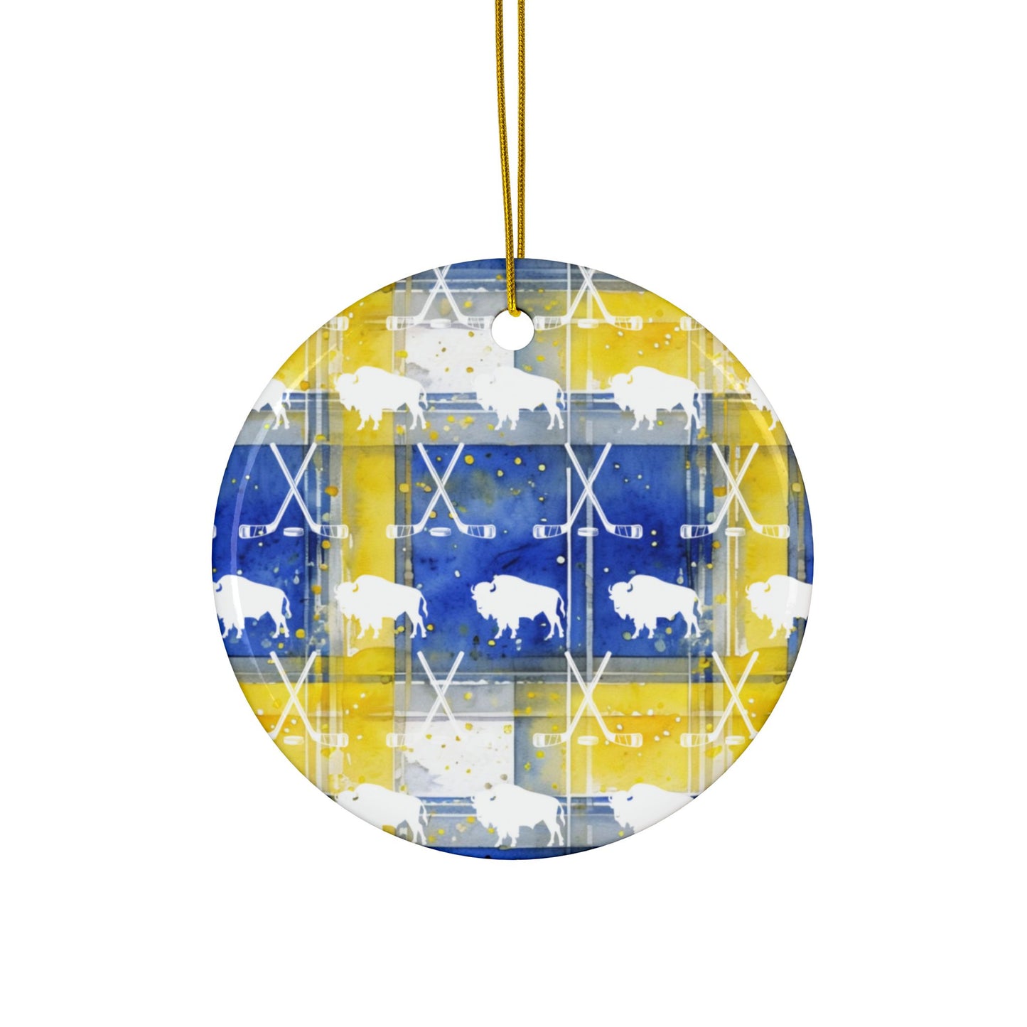 Buffalo Blue & Gold Plaid Watercolor Ceramic Ornament: 2-Side Print, Available in (1pc, 3pcs, 5pcs, 10pcs)