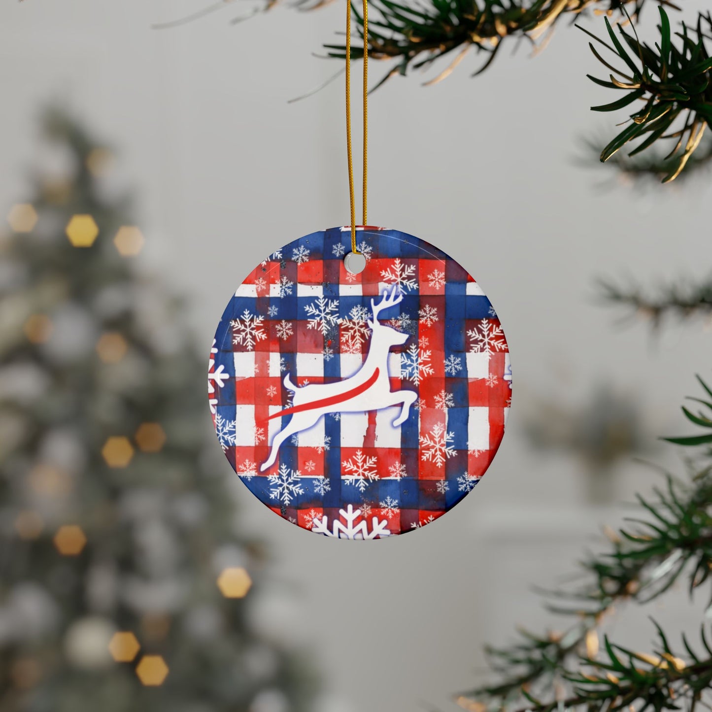 Plaid Watercolor Stripe Ceramic Ornament: 2-Side Print, Available in (1pc, 3pcs, 5pcs, 10pcs)