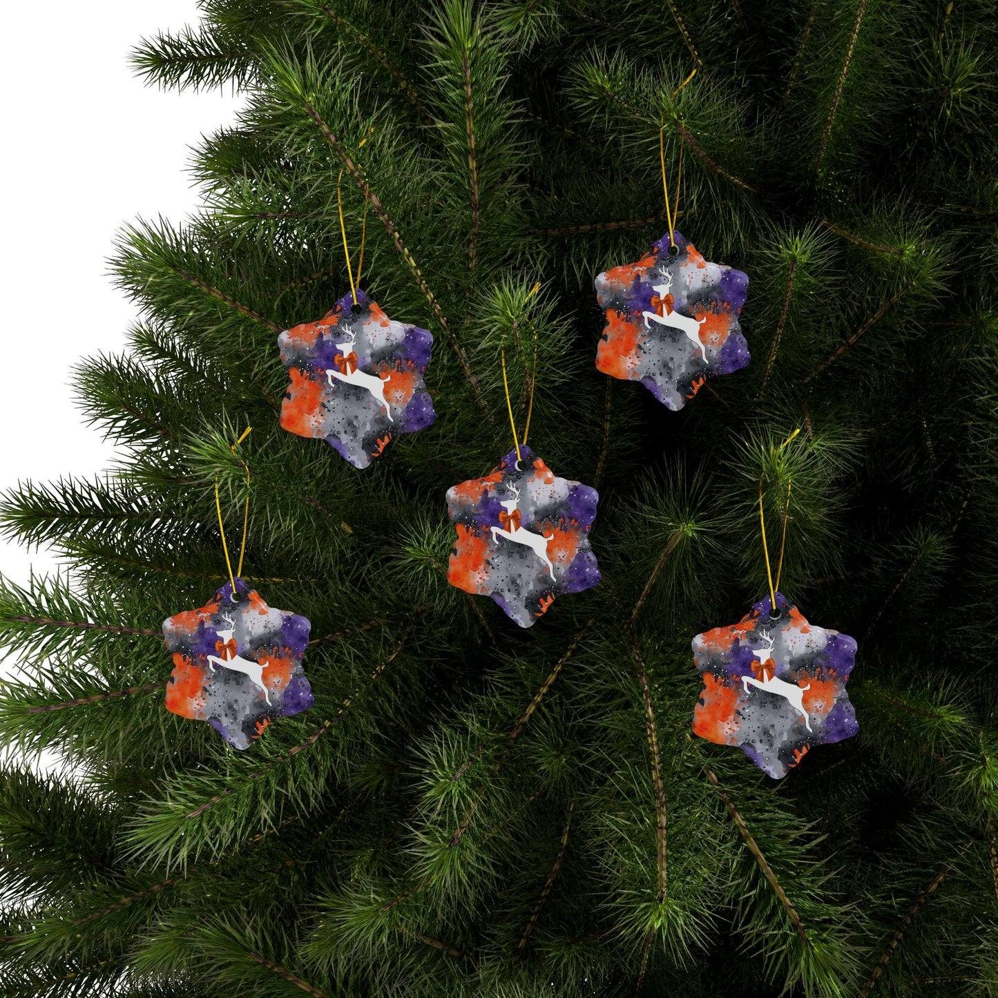 Buffalo Bandits Reindeer Watercolor Stripe Ceramic Ornament: 2-Side Print, Available in (1pc, 3pcs, 5pcs, 10pcs)