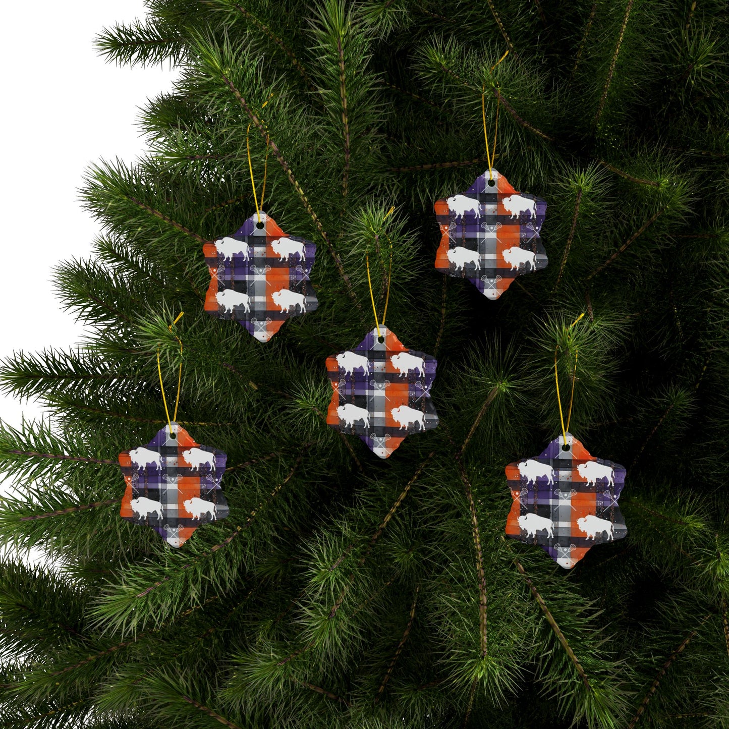 Buffalo Lacrosse Plaid Watercolor Ceramic Ornament: 2-Side Print, Available in (1pc, 3pcs, 5pcs, 10pcs)