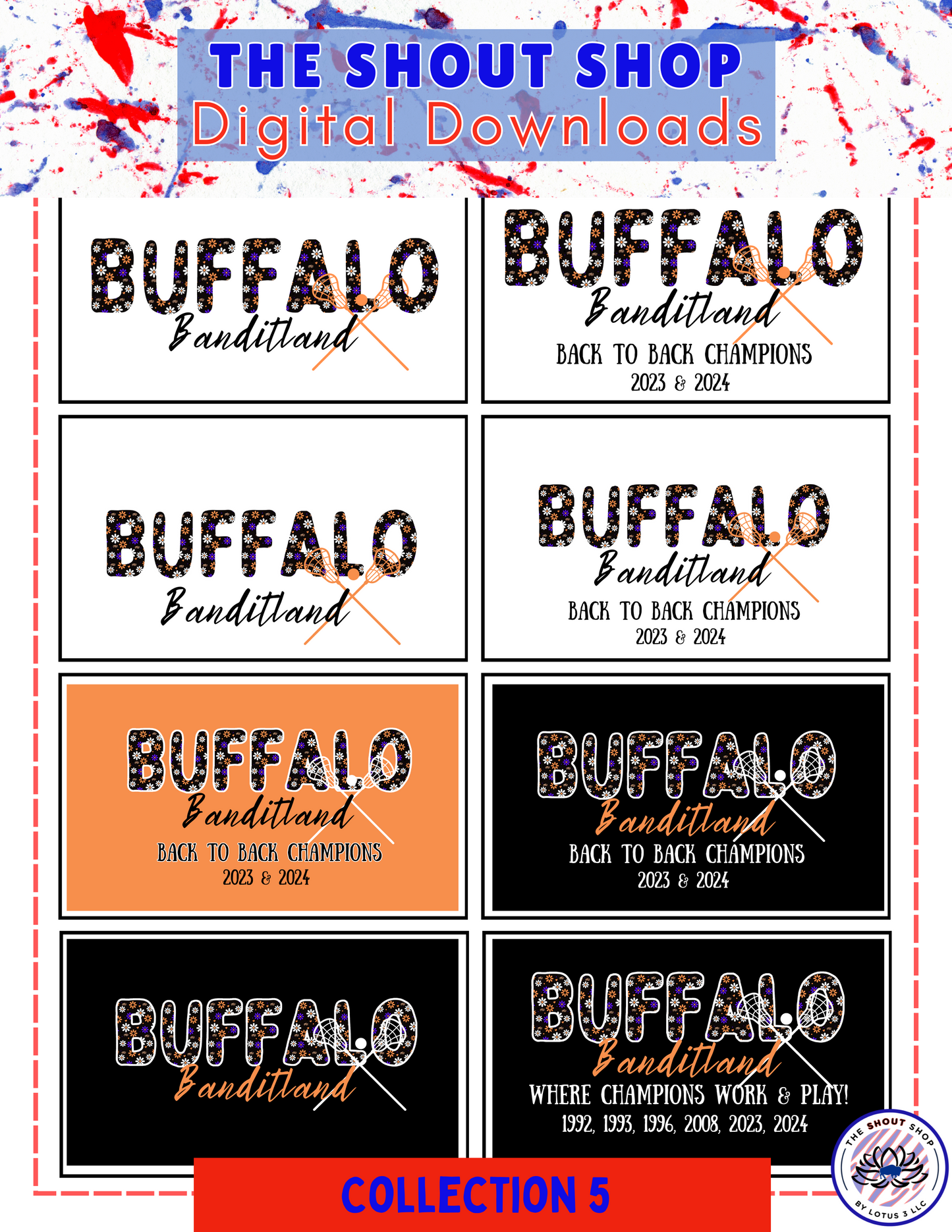 Buffalo Sports Digital Downloads COLLECTION #5: INCLUDES 8 BUFFALO THEMED DIGITAL DOWNLOAD FILES THAT COME IN PNG FORMAT