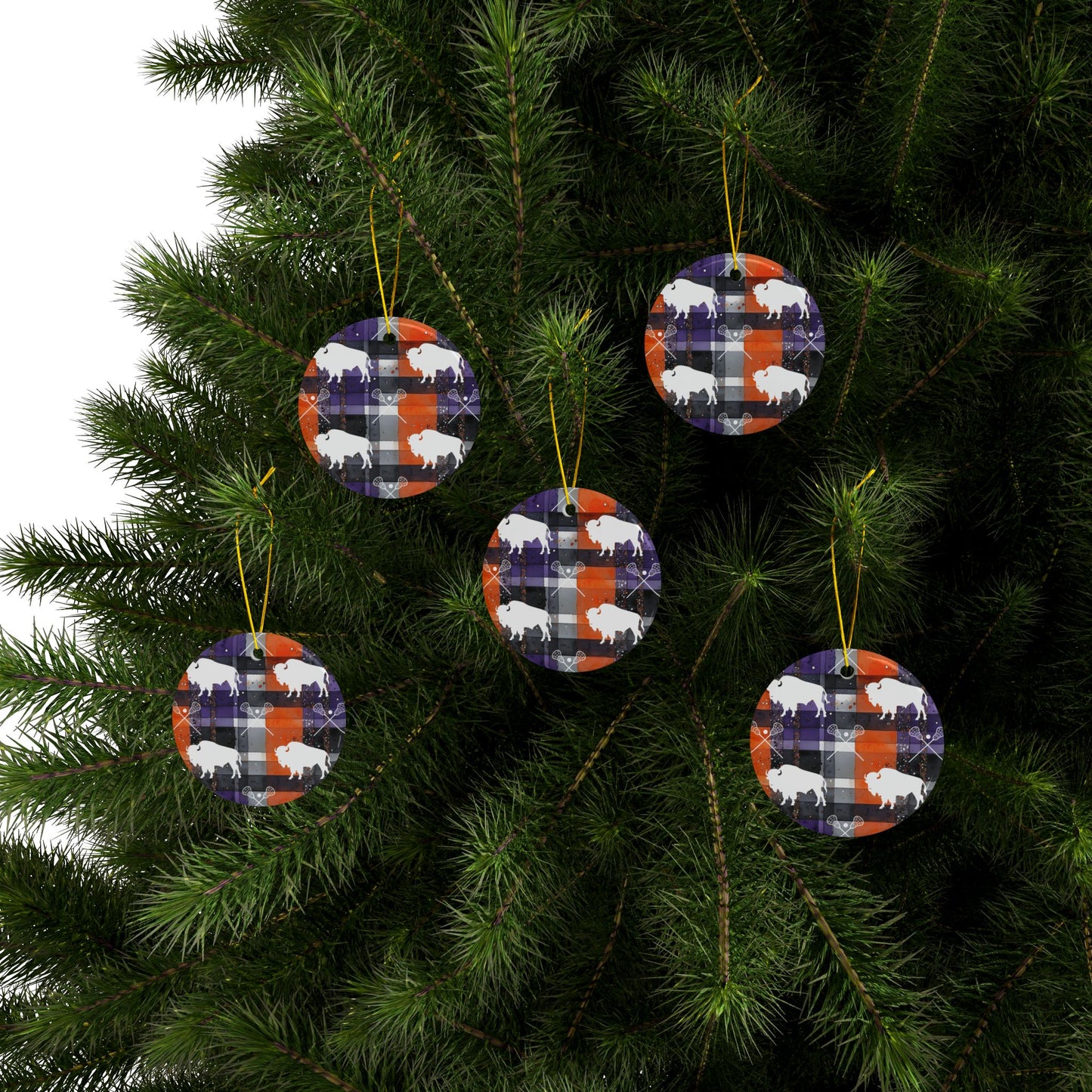 Buffalo Lacrosse Plaid Watercolor Ceramic Ornament: 2-Side Print, Available in (1pc, 3pcs, 5pcs, 10pcs)