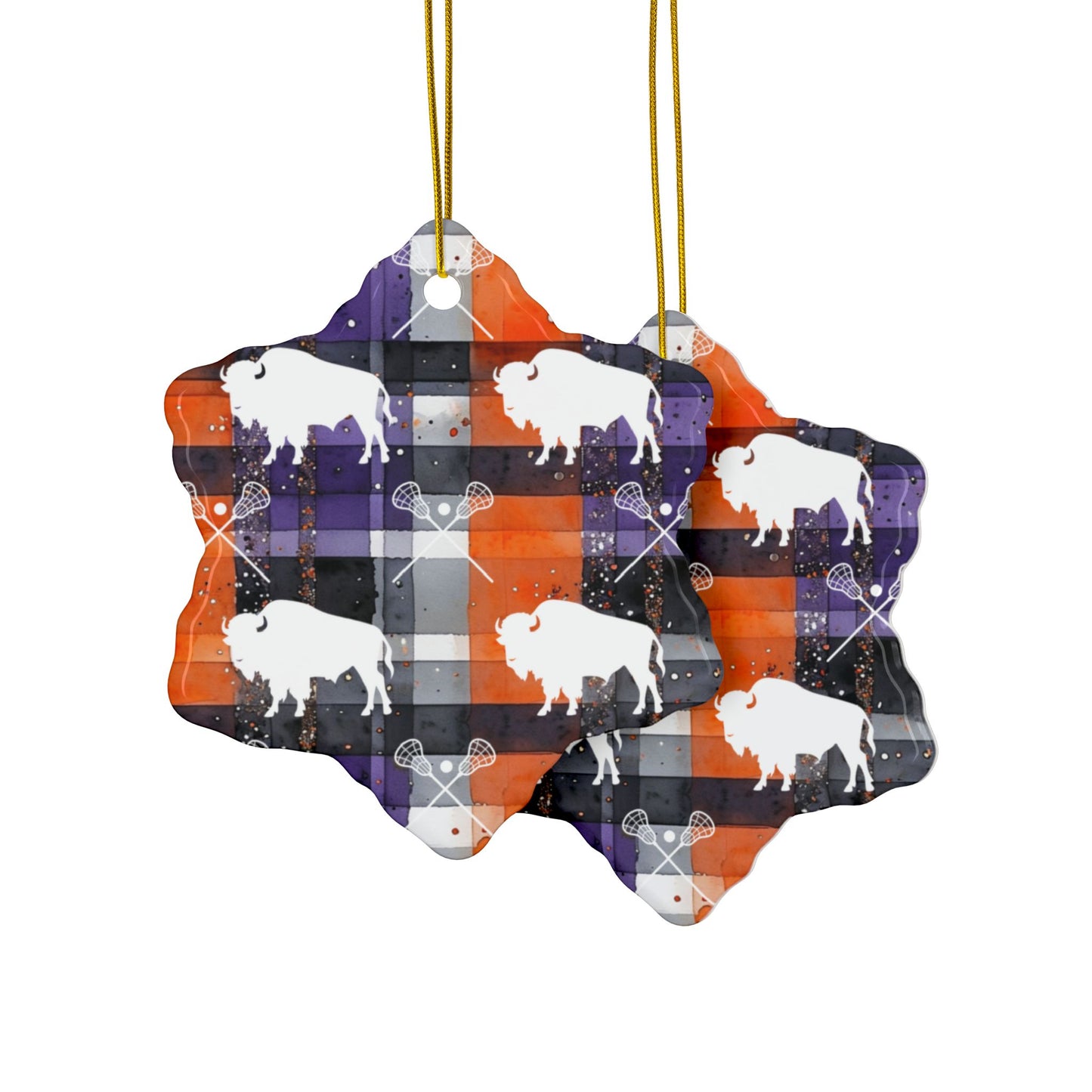 Buffalo Lacrosse Plaid Watercolor Ceramic Ornament: 2-Side Print, Available in (1pc, 3pcs, 5pcs, 10pcs)