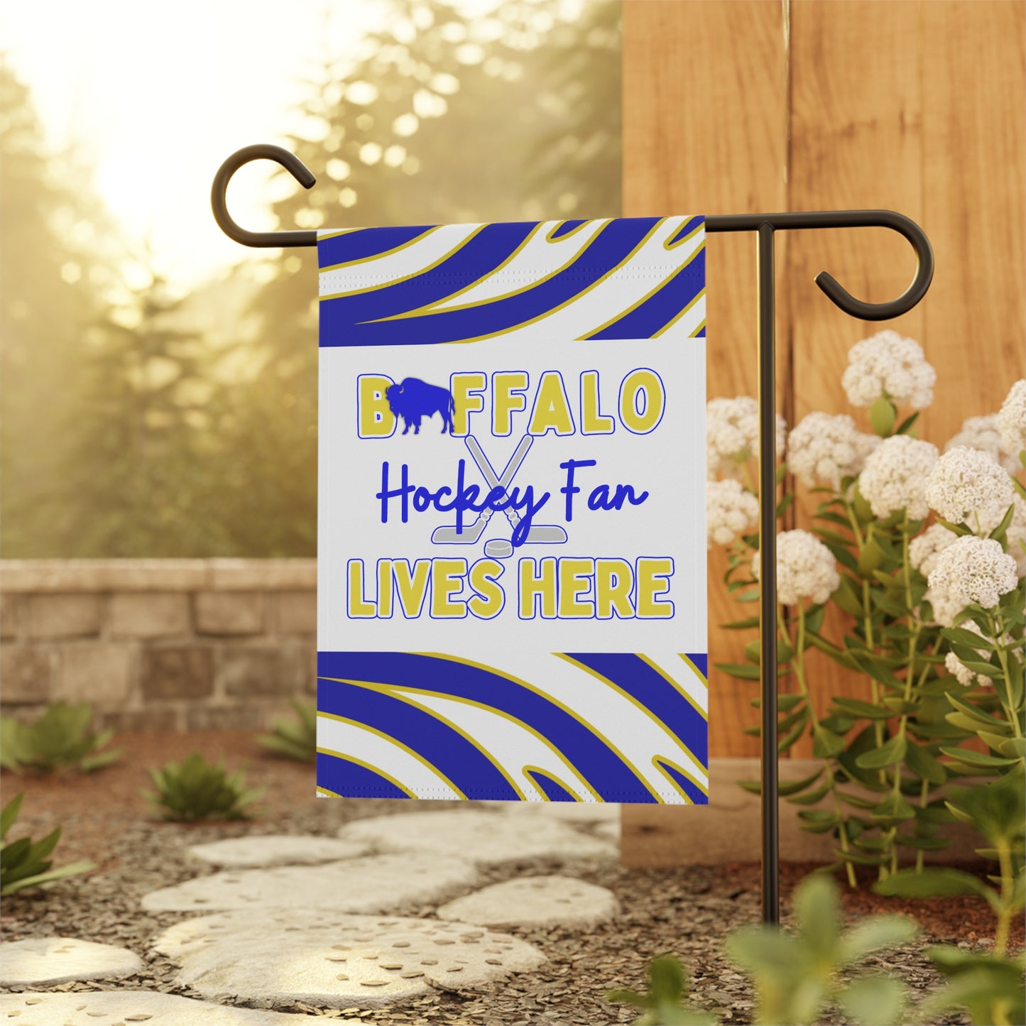 Buffalo Hockey Fan Lives Here  Animal Stripe Garden Flag