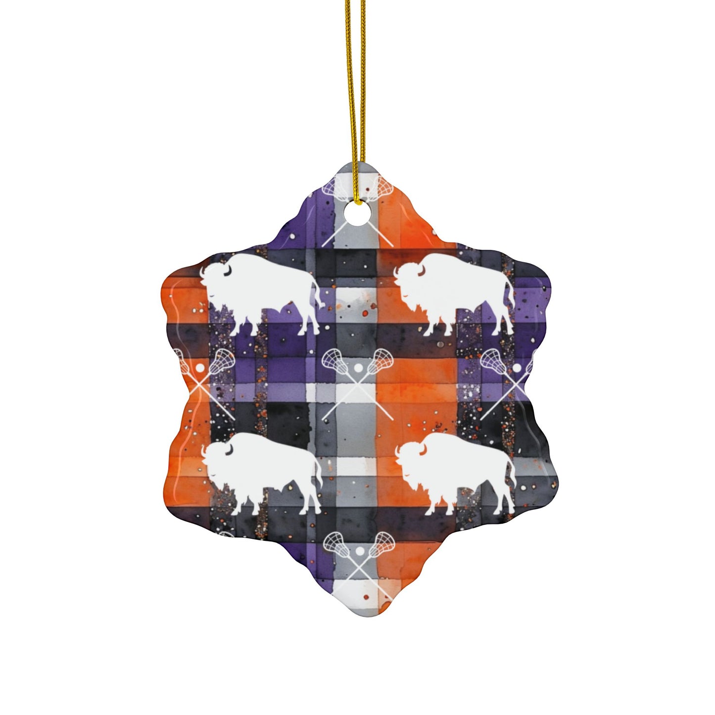 Buffalo Lacrosse Plaid Watercolor Ceramic Ornament: 2-Side Print, Available in (1pc, 3pcs, 5pcs, 10pcs)