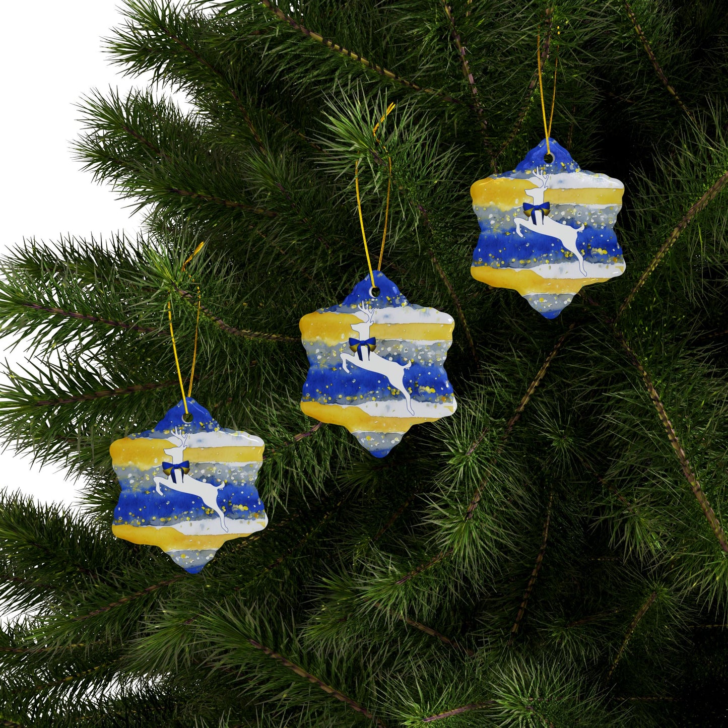 Buffalo Sabres Reindeer Watercolor Stripe Ceramic Ornament: 2-Side Print, Available in (1pc, 3pcs, 5pcs, 10pcs)