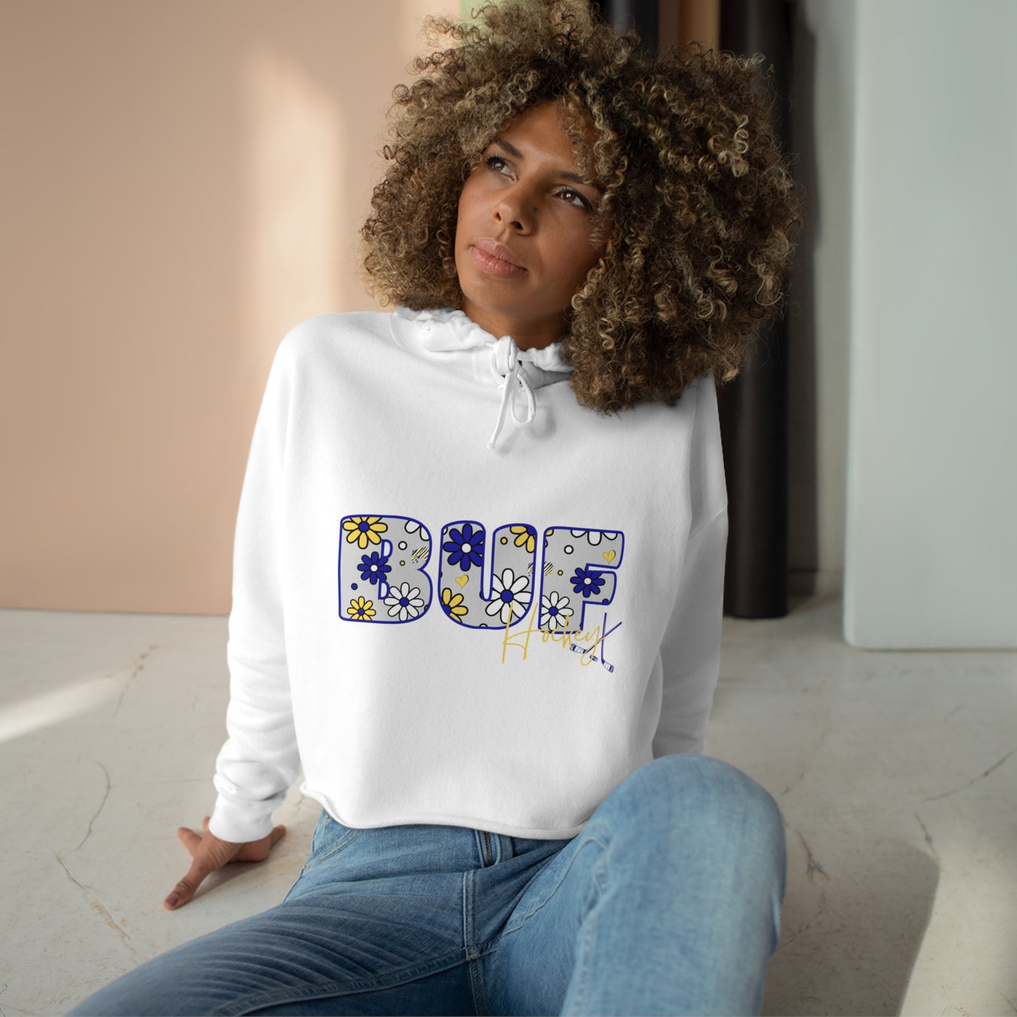 BUF Sabres Hockey Crop Hoodie ~ Flower Power Design