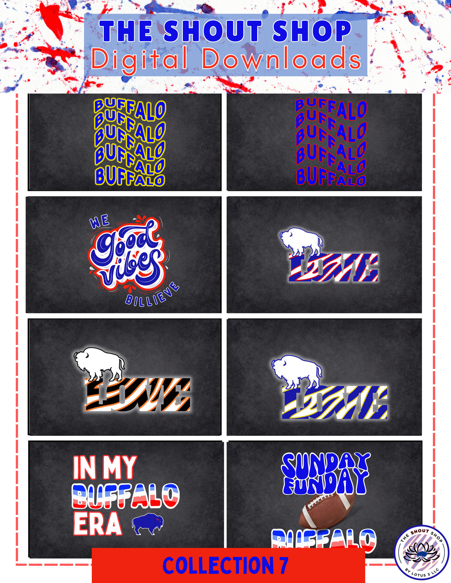 Buffalo Sports Digital Downloads COLLECTION #7: INCLUDES 8 BUFFALO THEMED DIGITAL DOWNLOAD FILES THAT COME IN PNG FORMAT