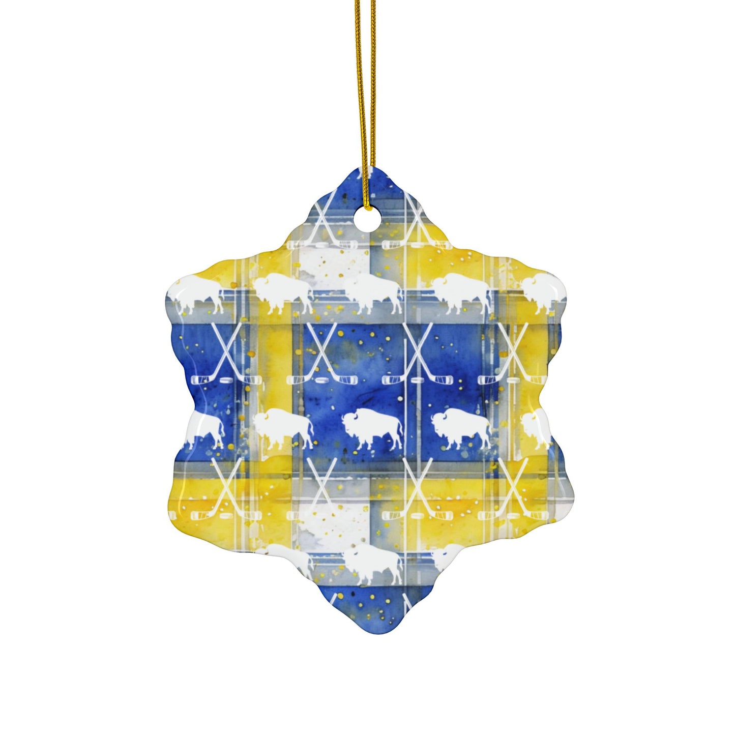 Buffalo Blue & Gold Plaid Watercolor Ceramic Ornament: 2-Side Print, Available in (1pc, 3pcs, 5pcs, 10pcs)