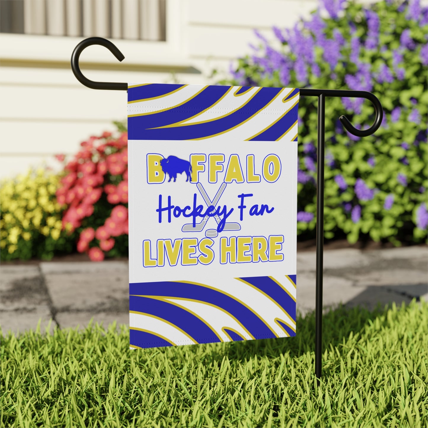 Buffalo Hockey Fan Lives Here  Animal Stripe Garden Flag