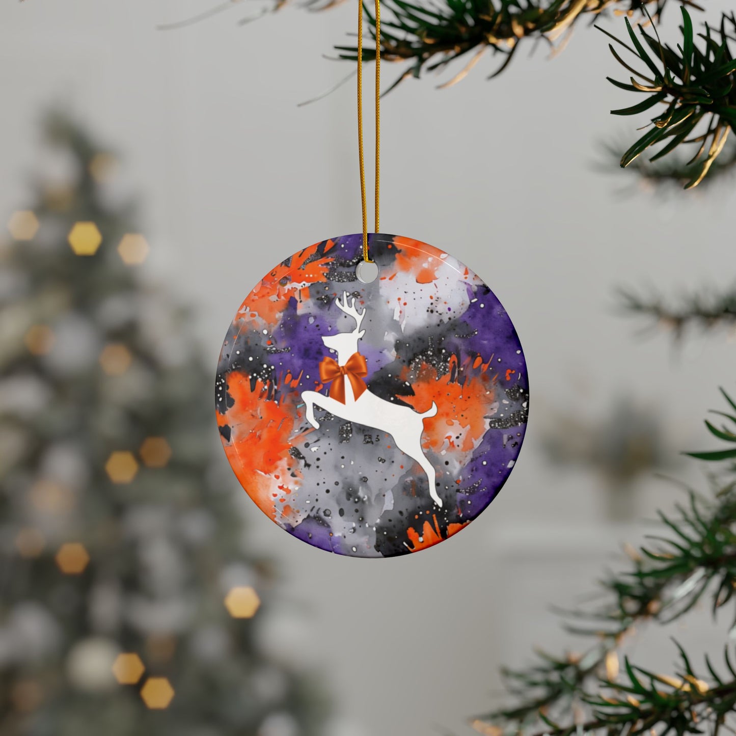 Buffalo Bandits Reindeer Watercolor Stripe Ceramic Ornament: 2-Side Print, Available in (1pc, 3pcs, 5pcs, 10pcs)