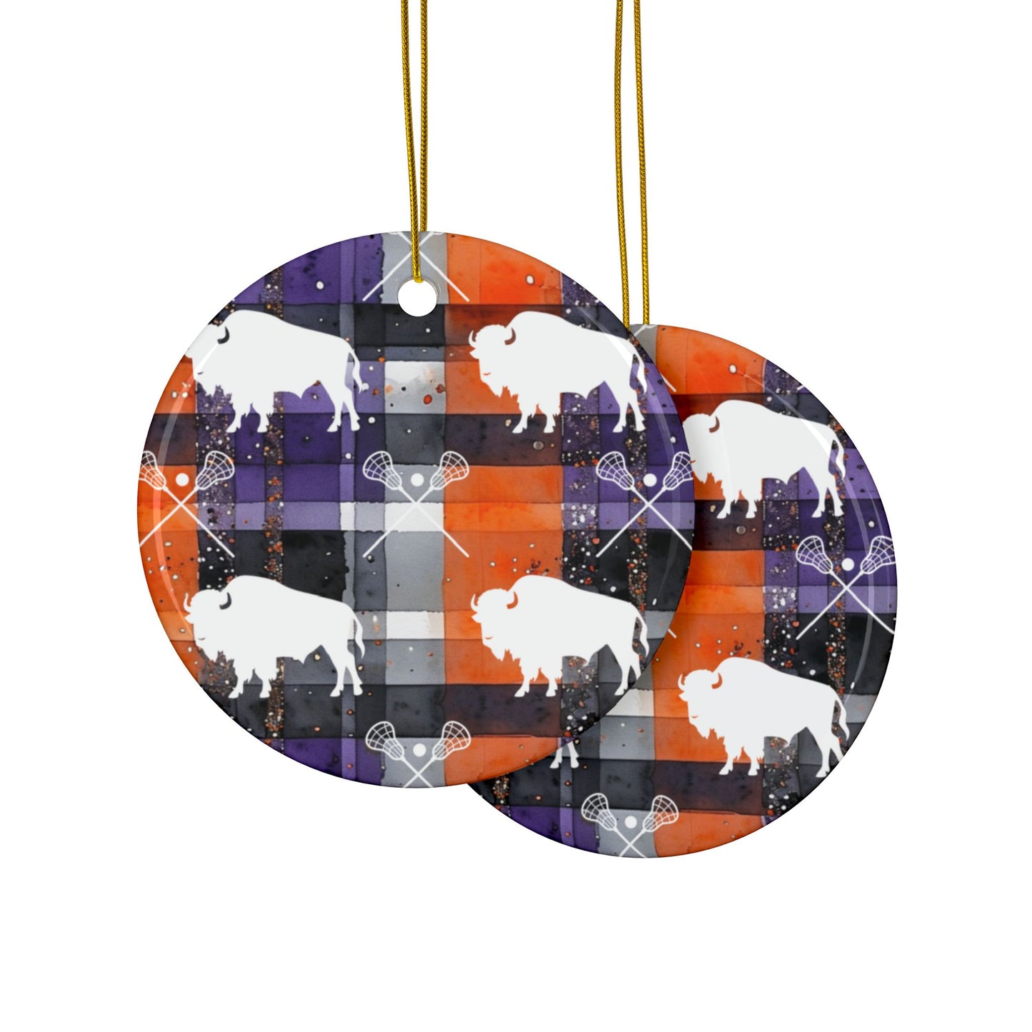 Buffalo Lacrosse Plaid Watercolor Ceramic Ornament: 2-Side Print, Available in (1pc, 3pcs, 5pcs, 10pcs)