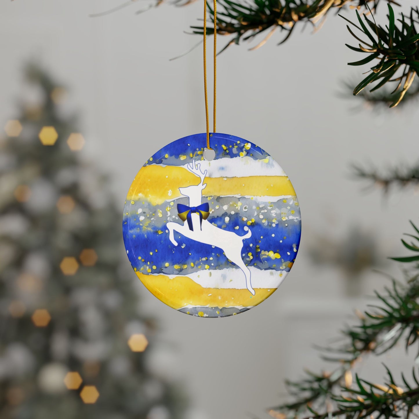 Buffalo Sabres Reindeer Watercolor Stripe Ceramic Ornament: 2-Side Print, Available in (1pc, 3pcs, 5pcs, 10pcs)