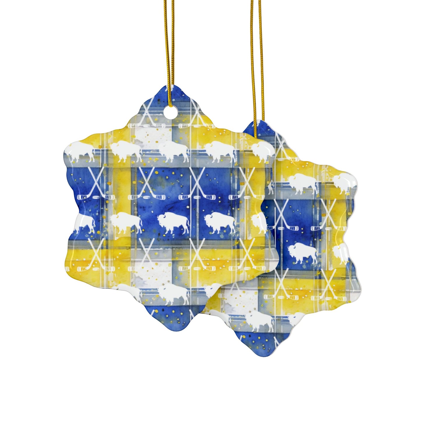 Buffalo Blue & Gold Plaid Watercolor Ceramic Ornament: 2-Side Print, Available in (1pc, 3pcs, 5pcs, 10pcs)