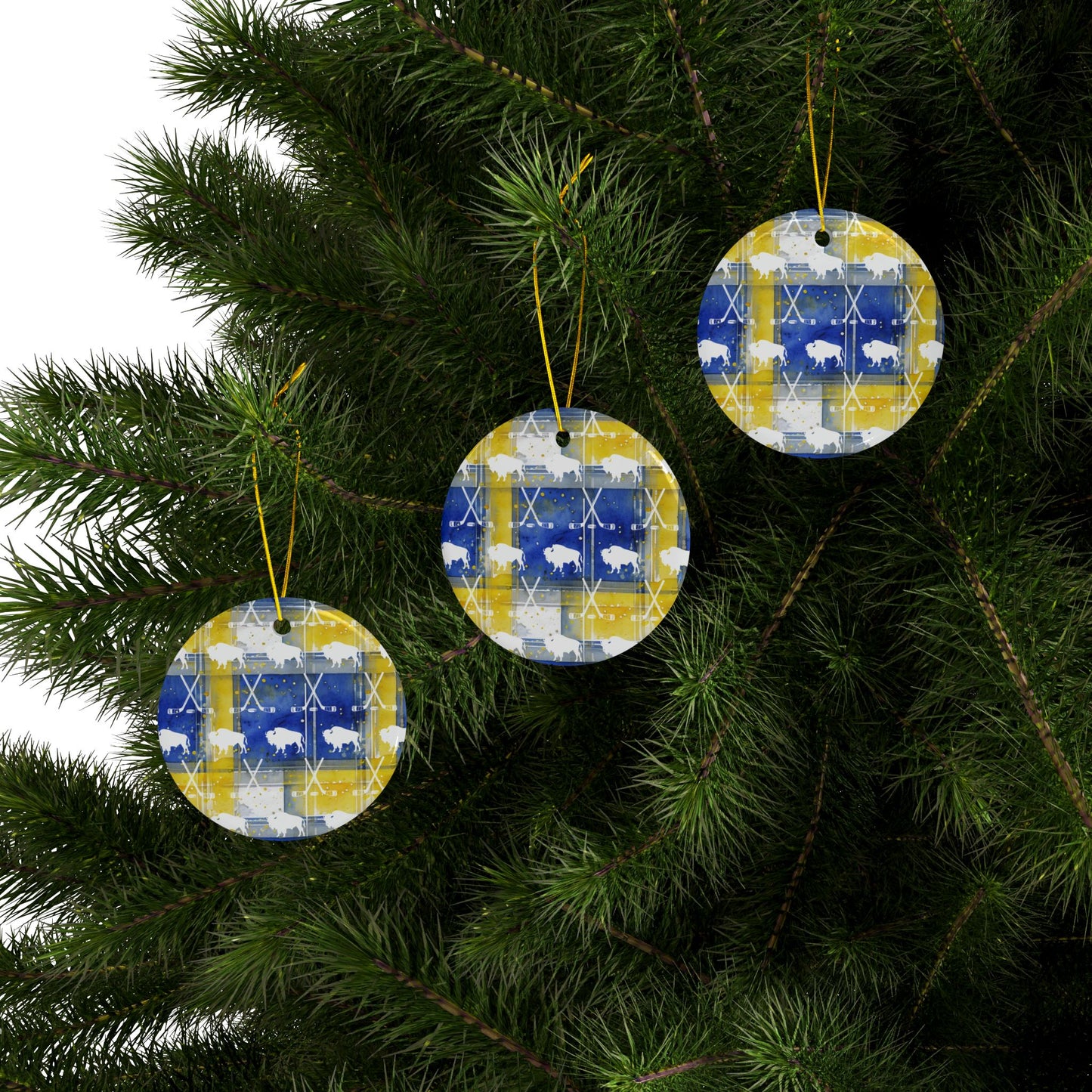 Buffalo Blue & Gold Plaid Watercolor Ceramic Ornament: 2-Side Print, Available in (1pc, 3pcs, 5pcs, 10pcs)