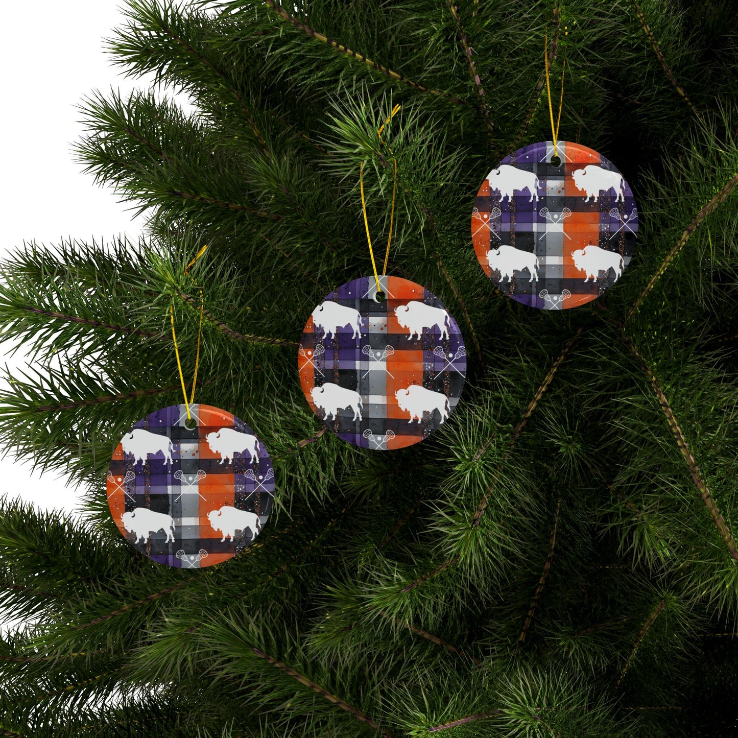 Buffalo Lacrosse Plaid Watercolor Ceramic Ornament: 2-Side Print, Available in (1pc, 3pcs, 5pcs, 10pcs)