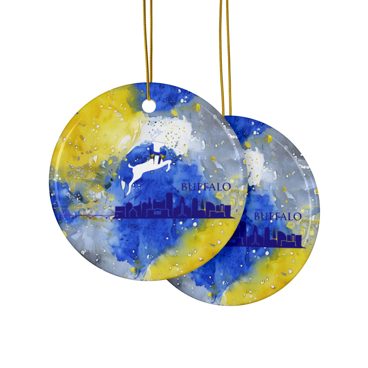 Blue & Gold City Watercolor Stripe Ceramic Ornament: 2-Side Print, Available in (1pc, 3pcs, 5pcs, 10pcs)