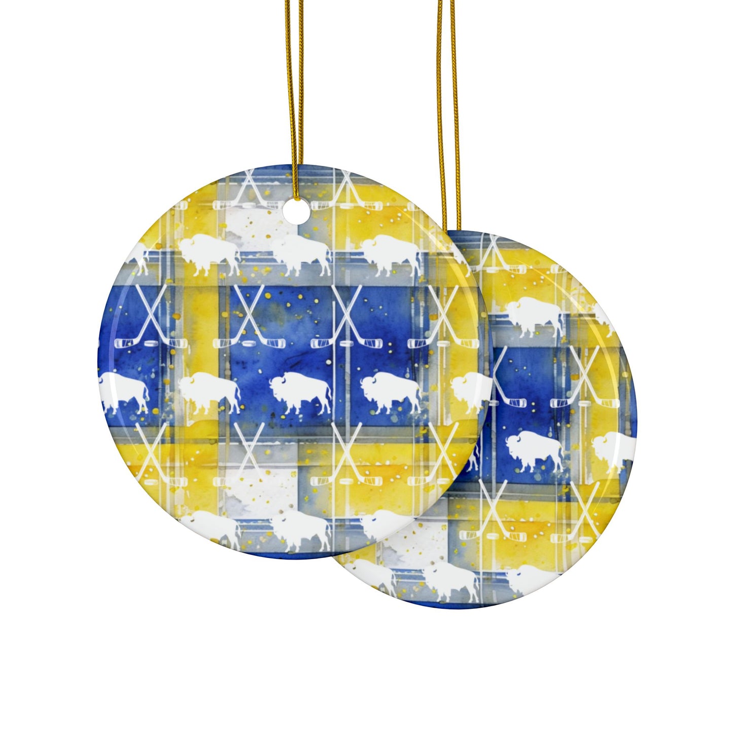 Buffalo Blue & Gold Plaid Watercolor Ceramic Ornament: 2-Side Print, Available in (1pc, 3pcs, 5pcs, 10pcs)