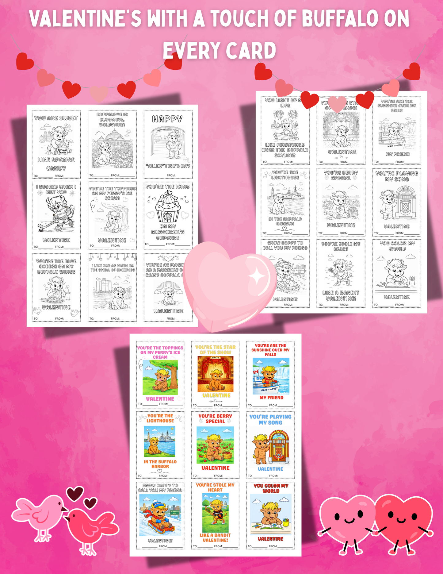 🦬 Buffalo-Themed Valentine Cards – Printable Digital Set for Kids & Classrooms! ❤️
