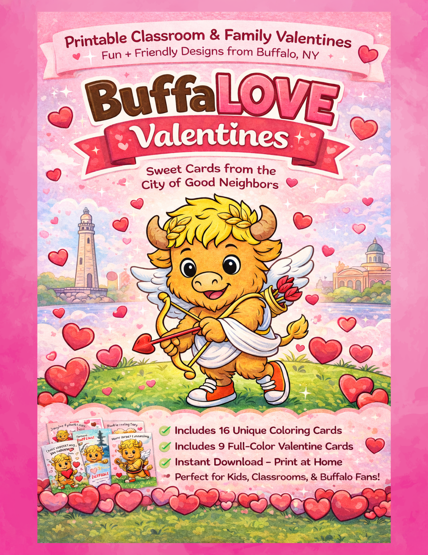 🦬 Buffalo-Themed Valentine Cards – Printable Digital Set for Kids & Classrooms! ❤️