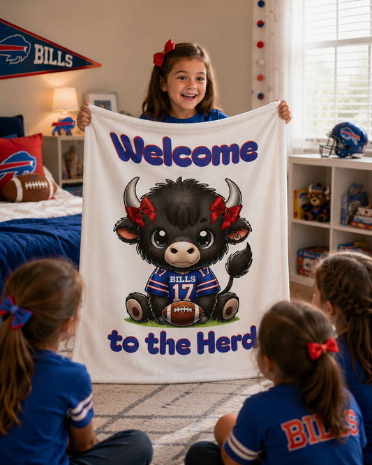 Welcome to the Herd: Children’s Buffalo Football Velveteen Blanket – Cozy Comfort for Little Fans (Buffalo with bows)