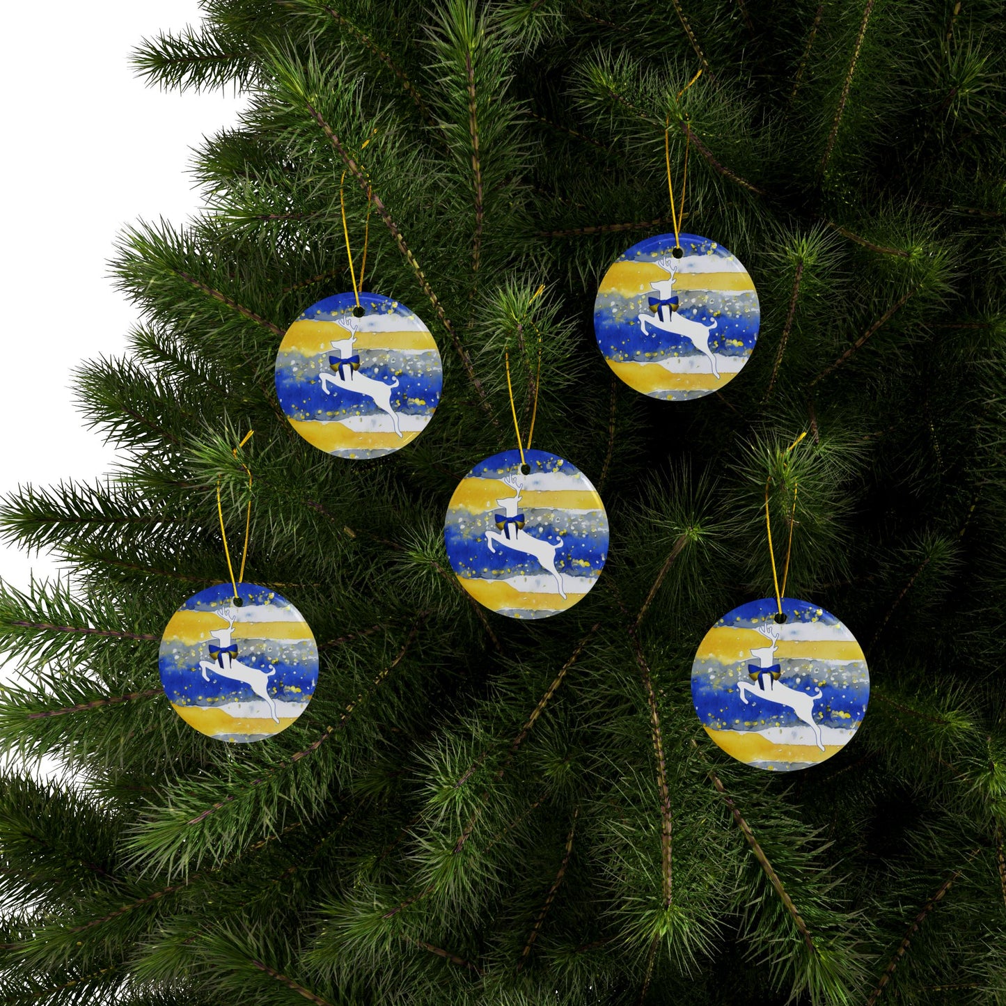 Buffalo Sabres Reindeer Watercolor Stripe Ceramic Ornament: 2-Side Print, Available in (1pc, 3pcs, 5pcs, 10pcs)